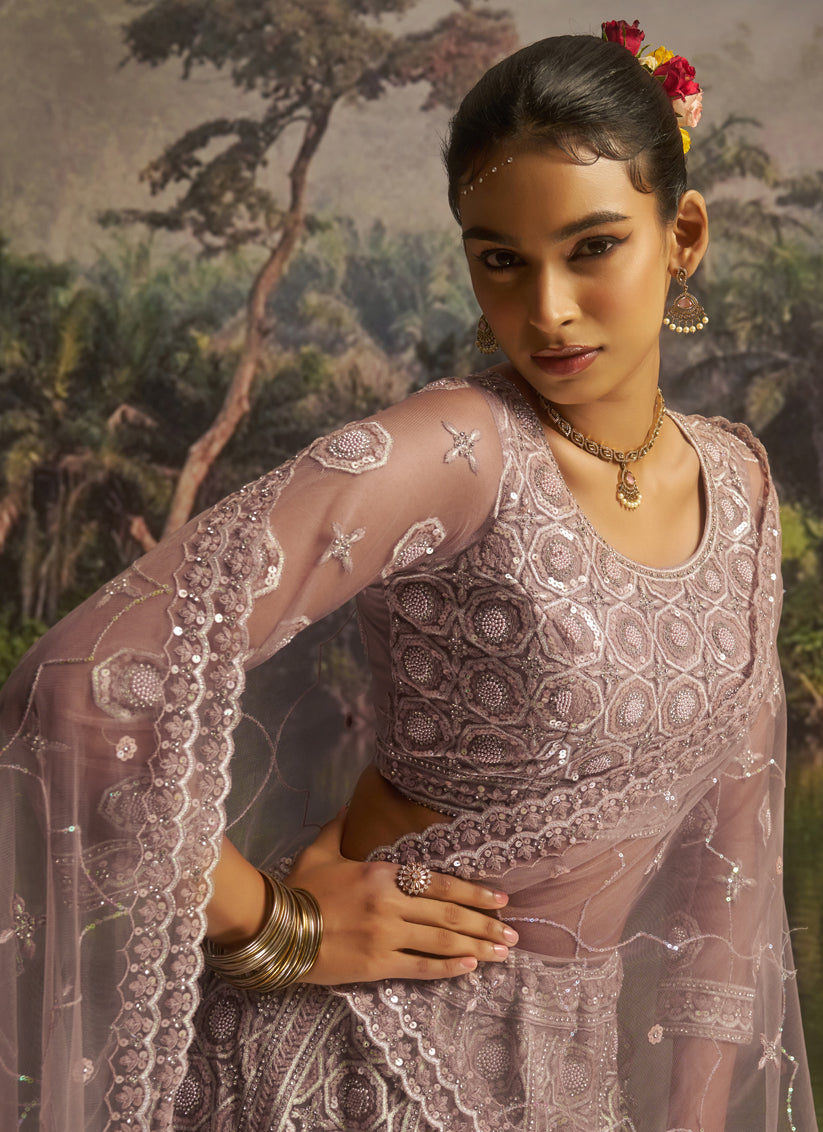 Dusty Mauve Soft Embroidered Net Designer Wedding Lehenga Choli Set