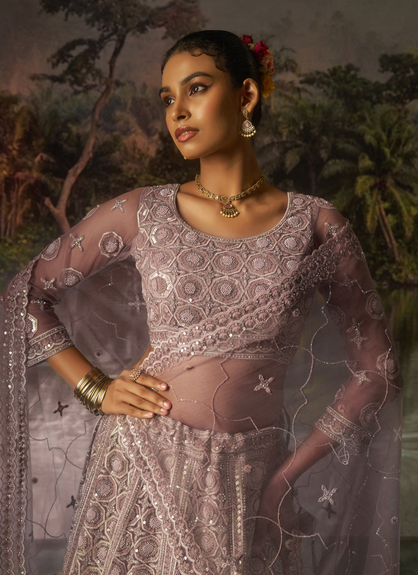 Dusty Mauve Soft Embroidered Net Designer Wedding Lehenga Choli Set
