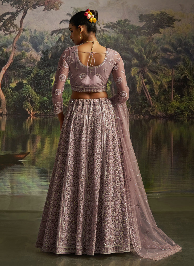 Dusty Mauve Soft Embroidered Net Designer Wedding Lehenga Choli Set