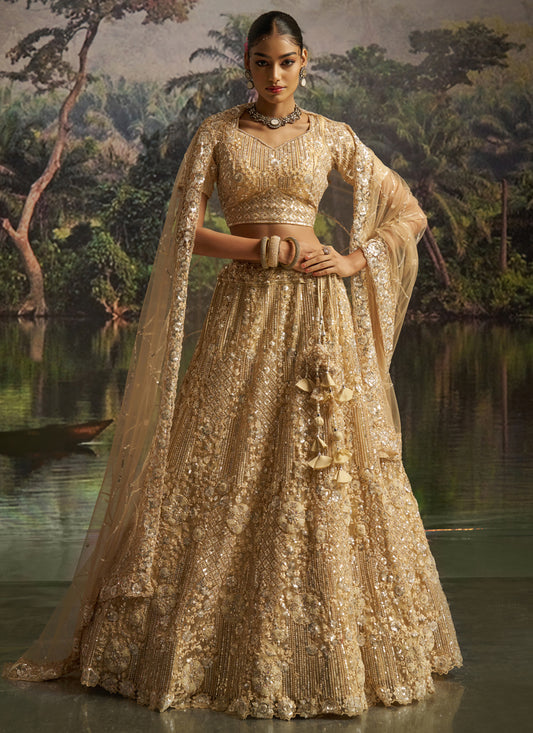 Beige Soft Embroidered Net Designer Wedding Lehenga Choli Set