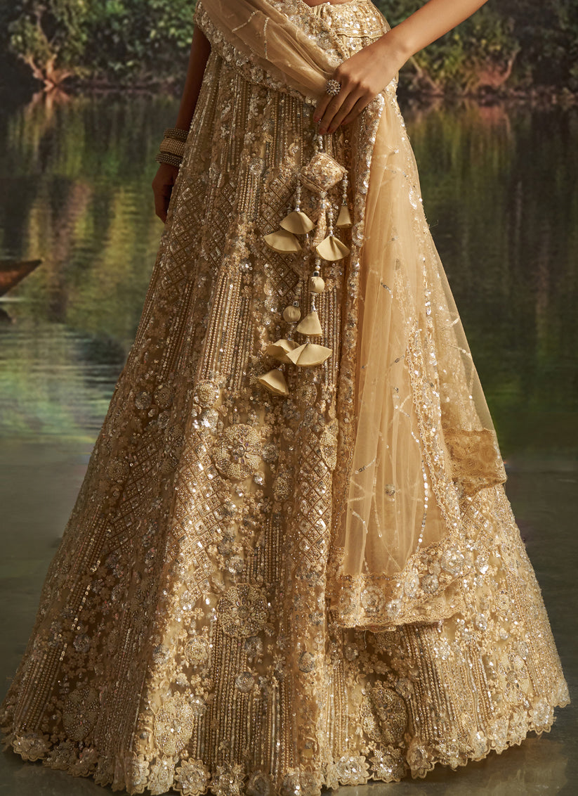 Beige Soft Embroidered Net Designer Wedding Lehenga Choli Set