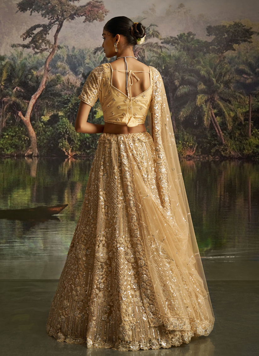 Beige Soft Embroidered Net Designer Wedding Lehenga Choli Set