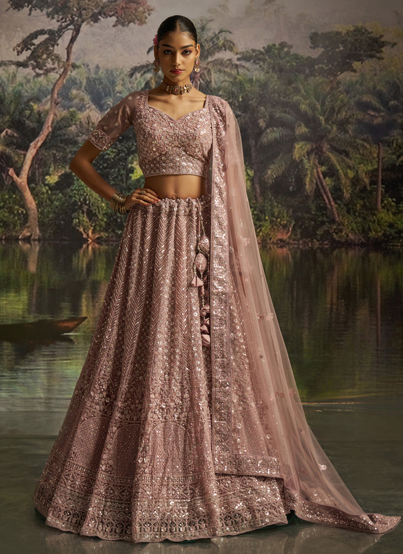 Peach Soft Embroidered Net Designer Wedding Lehenga Choli Set
