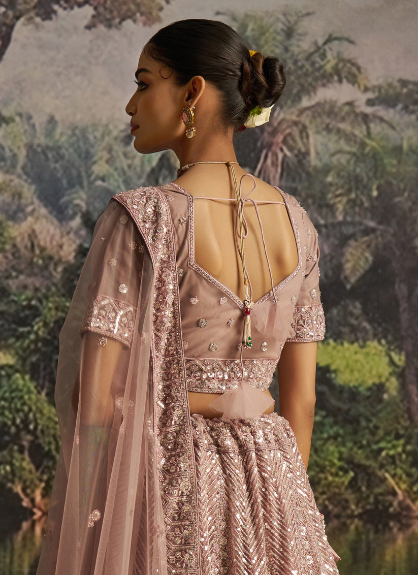 Peach Soft Embroidered Net Designer Wedding Lehenga Choli Set