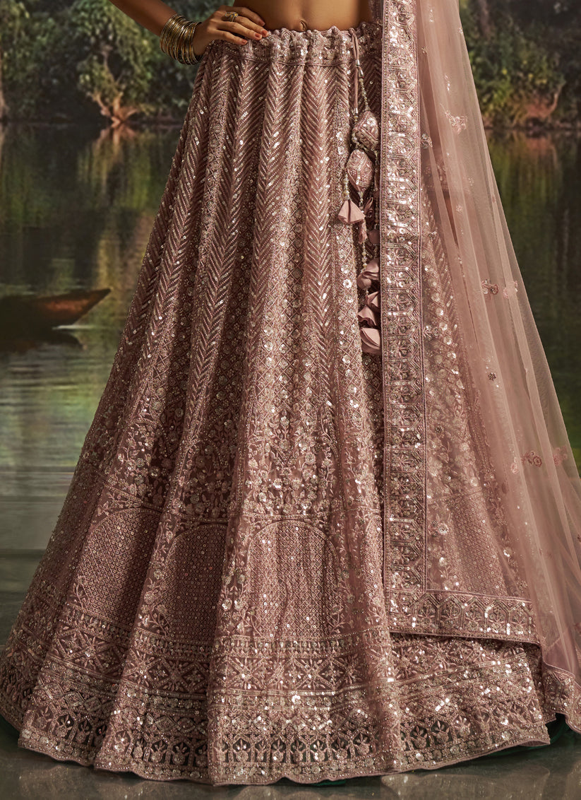 Peach Soft Embroidered Net Designer Wedding Lehenga Choli Set