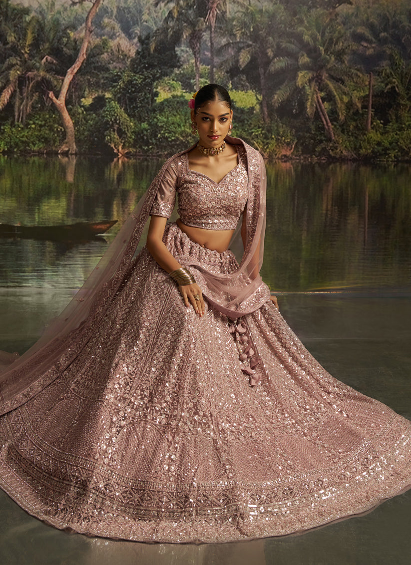 Peach Soft Embroidered Net Designer Wedding Lehenga Choli Set
