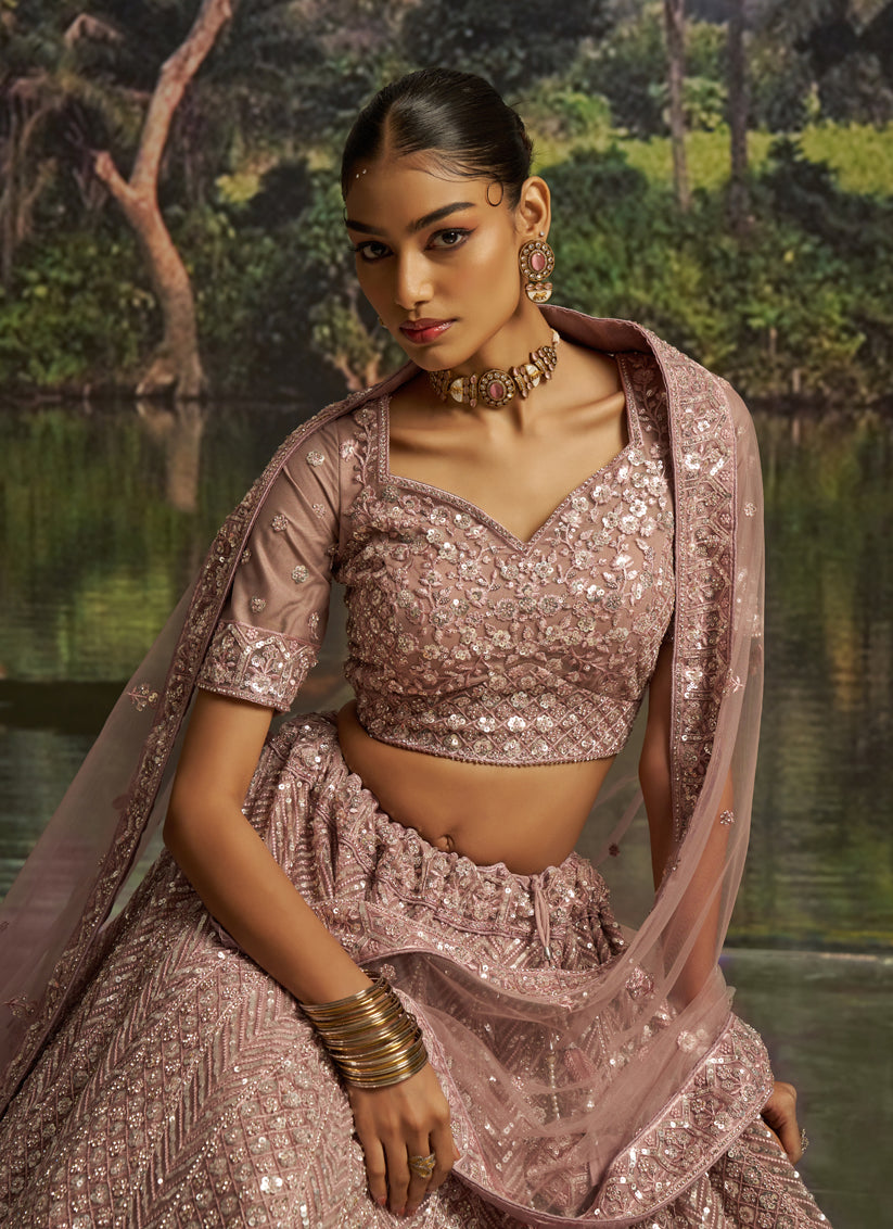 Peach Soft Embroidered Net Designer Wedding Lehenga Choli Set