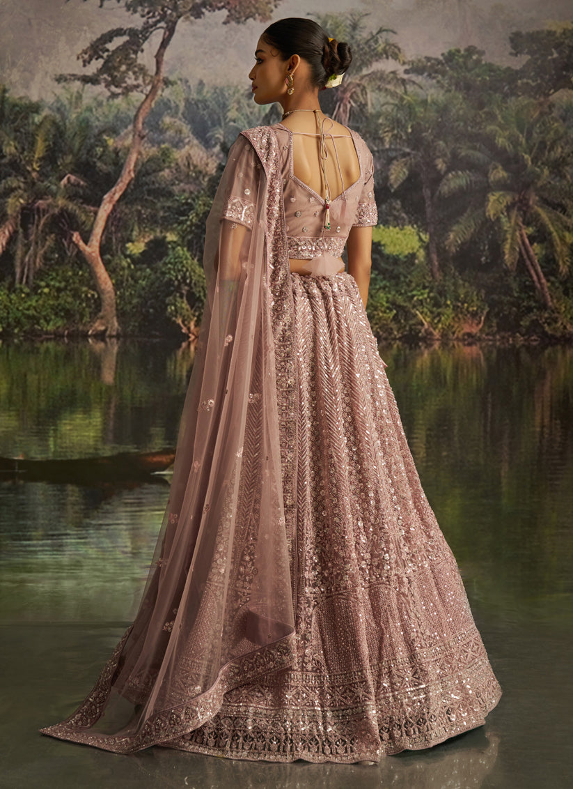 Peach Soft Embroidered Net Designer Wedding Lehenga Choli Set
