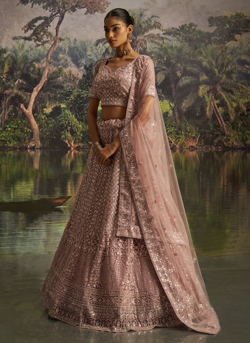 Peach Soft Embroidered Net Designer Wedding Lehenga Choli Set