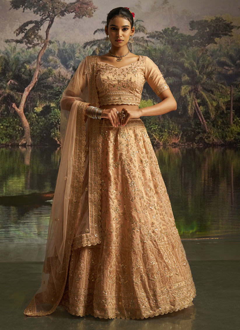 Golden Soft Embroidered Net Designer Wedding Lehenga Choli Set