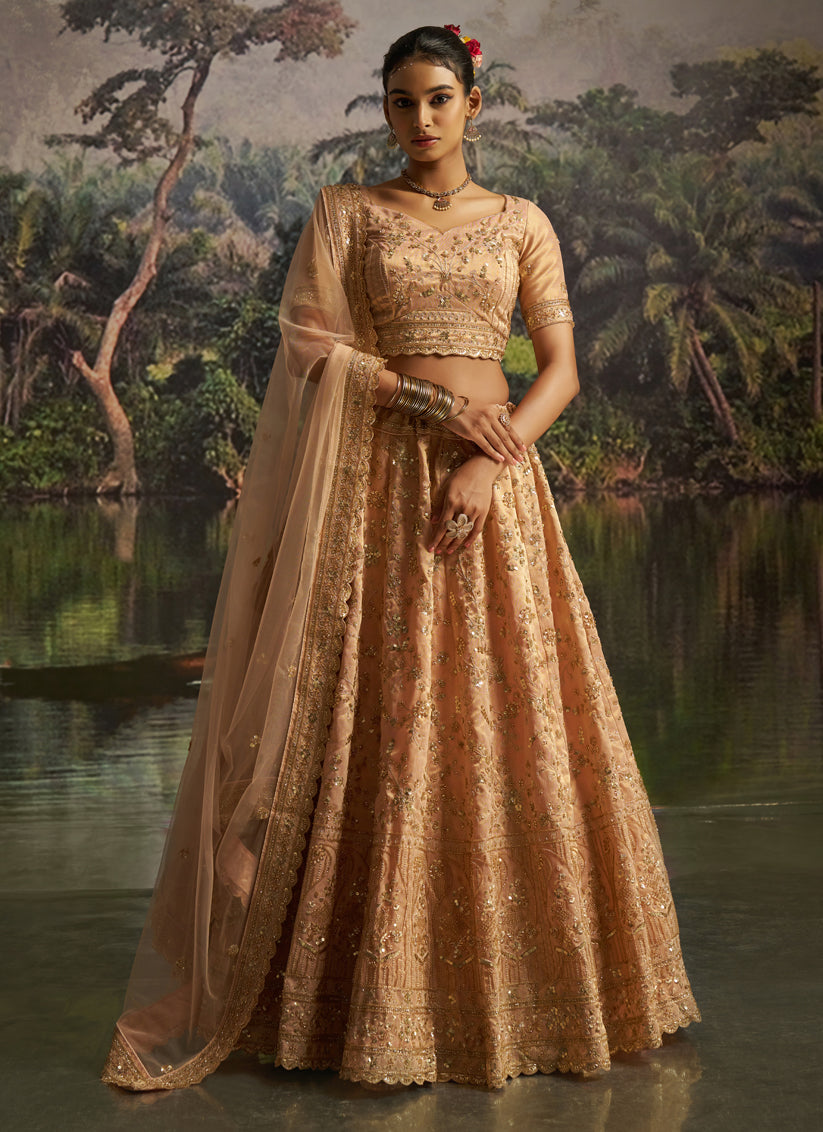 Golden Soft Embroidered Net Designer Wedding Lehenga Choli Set