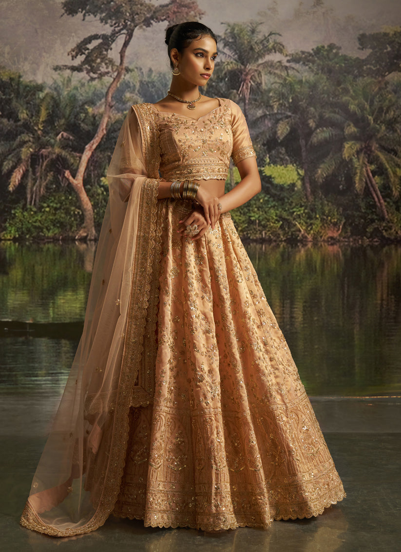 Golden Soft Embroidered Net Designer Wedding Lehenga Choli Set