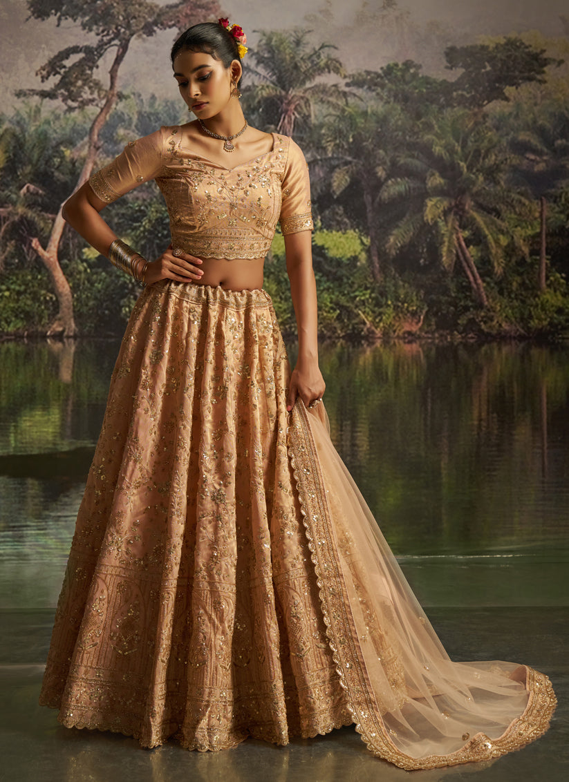 Golden Soft Embroidered Net Designer Wedding Lehenga Choli Set