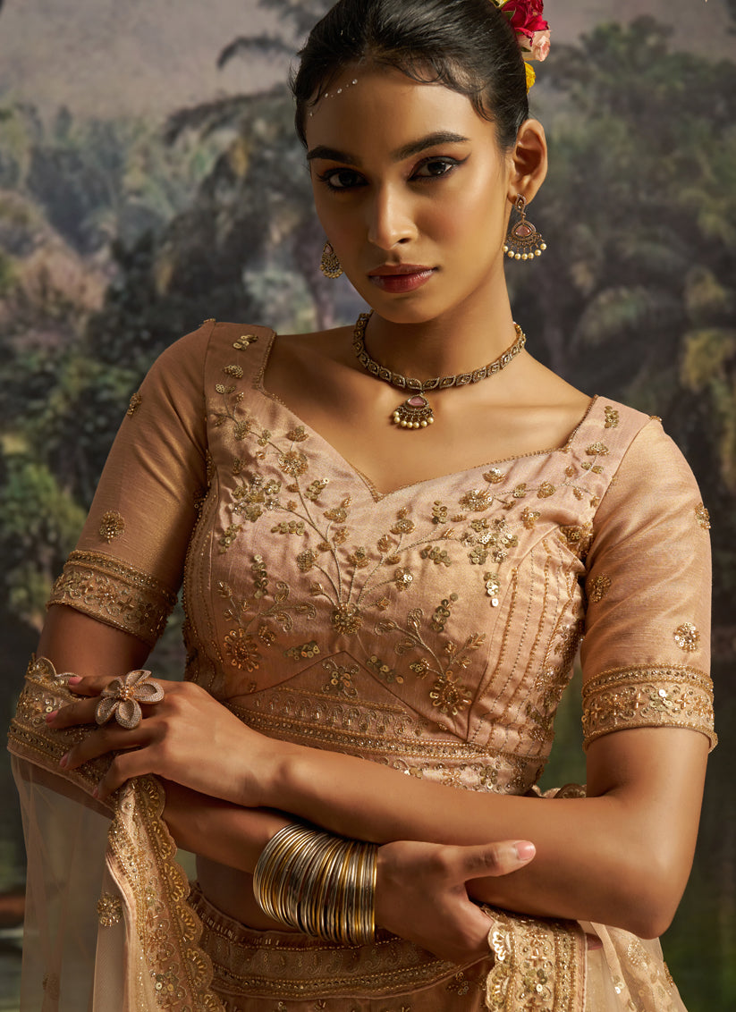 Golden Soft Embroidered Net Designer Wedding Lehenga Choli Set