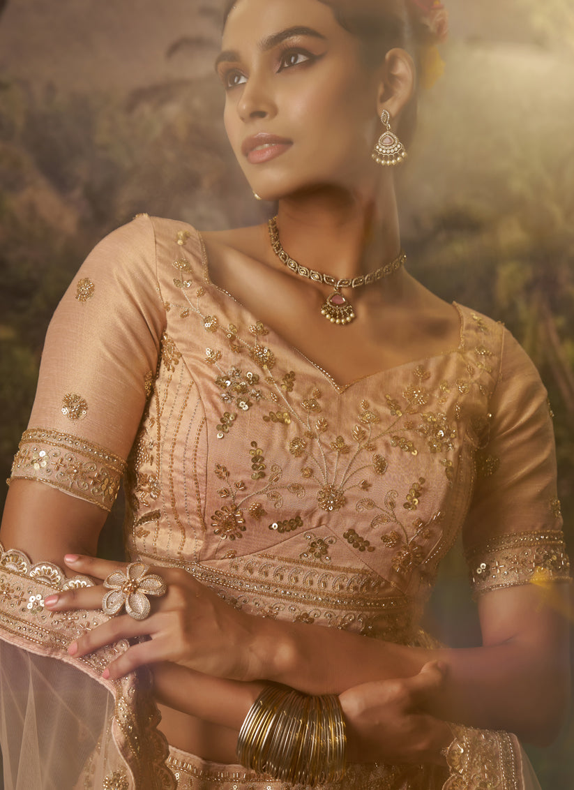 Golden Soft Embroidered Net Designer Wedding Lehenga Choli Set