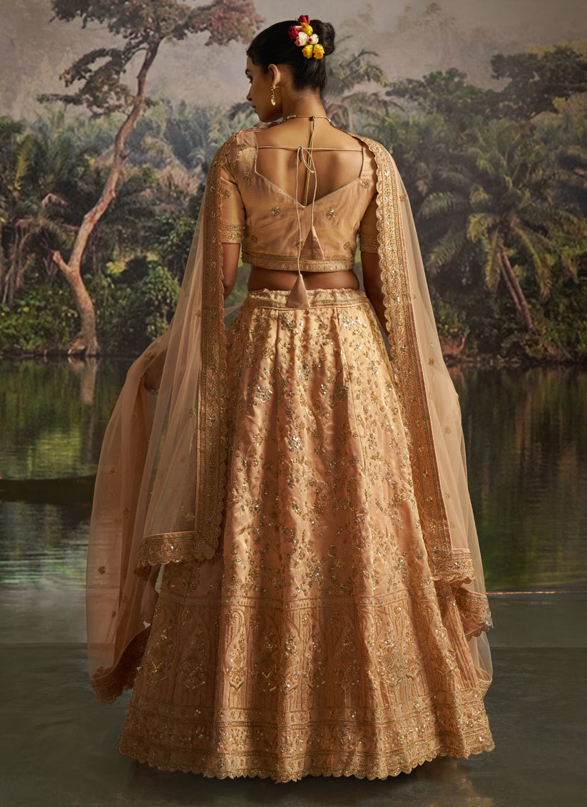 Golden Soft Embroidered Net Designer Wedding Lehenga Choli Set