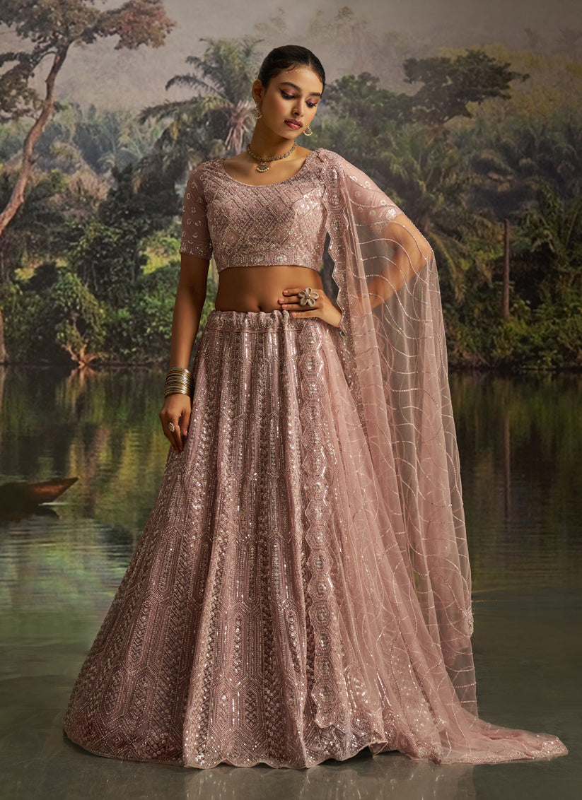 Blush Pink Soft Embroidered Net Designer Wedding Lehenga Choli Set