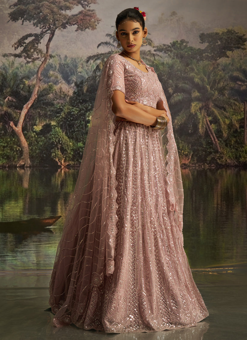 Blush Pink Soft Embroidered Net Designer Wedding Lehenga Choli Set