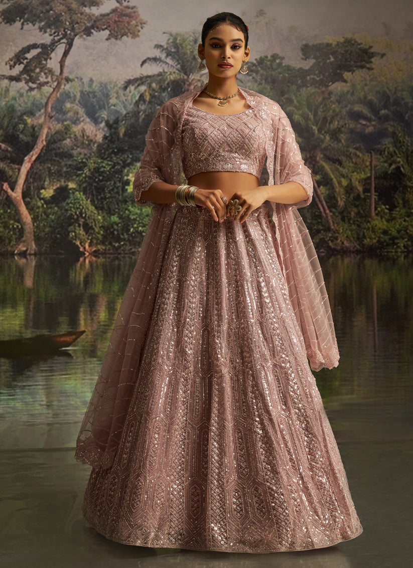 Blush Pink Soft Embroidered Net Designer Wedding Lehenga Choli Set