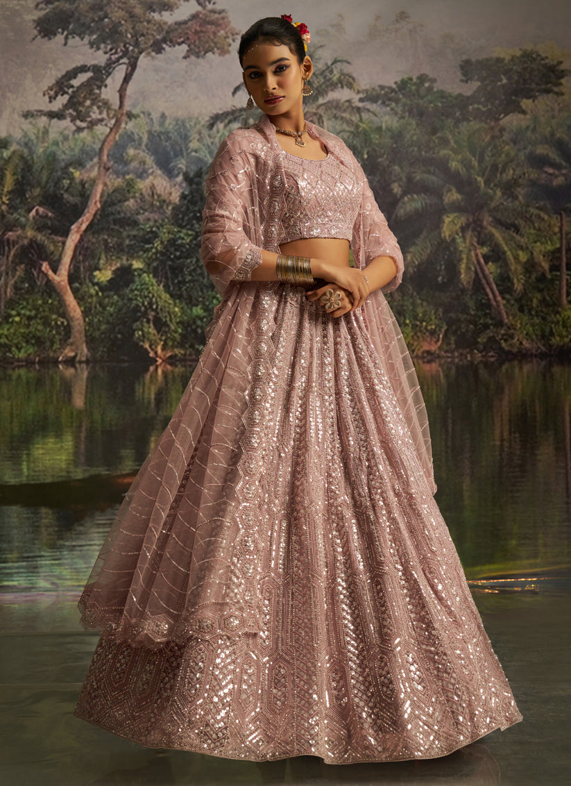 Blush Pink Soft Embroidered Net Designer Wedding Lehenga Choli Set