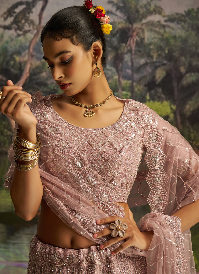 Blush Pink Soft Embroidered Net Designer Wedding Lehenga Choli Set