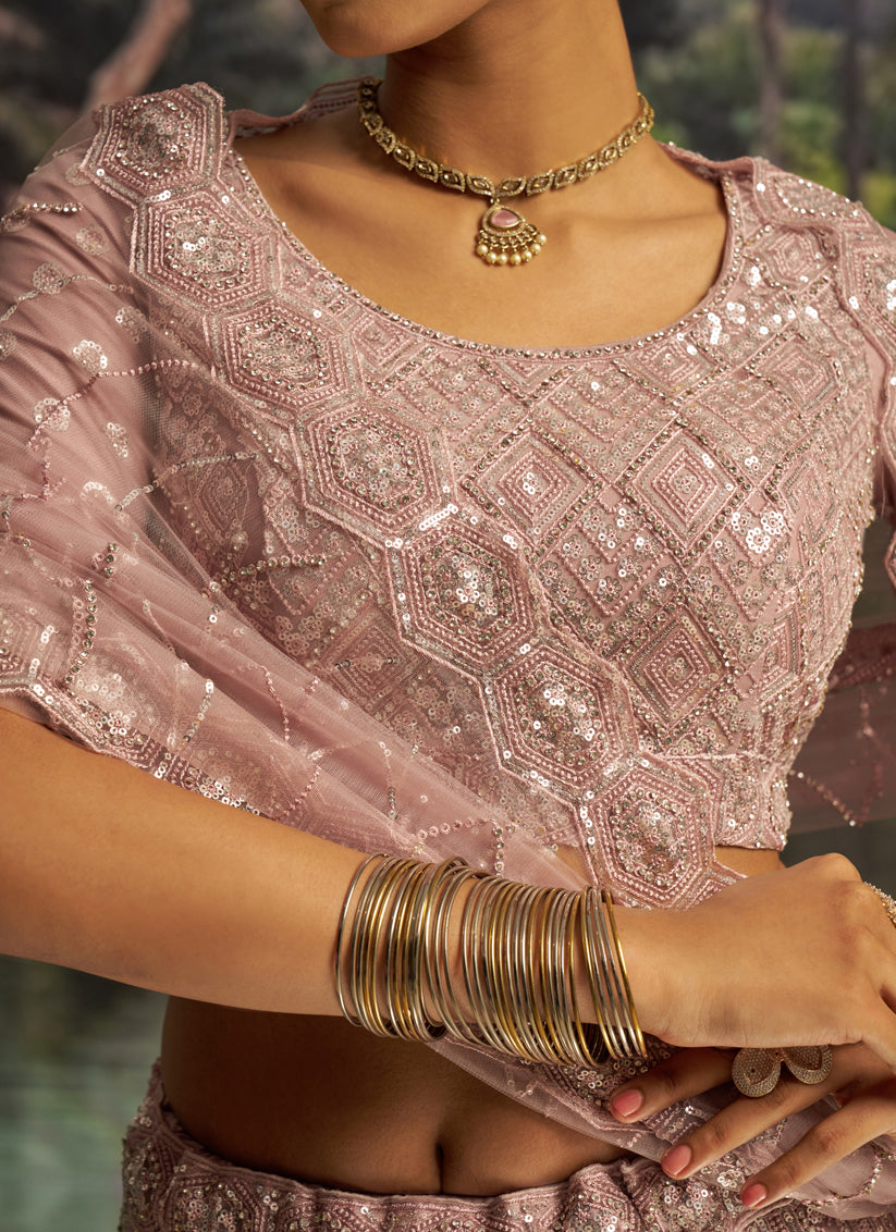 Blush Pink Soft Embroidered Net Designer Wedding Lehenga Choli Set
