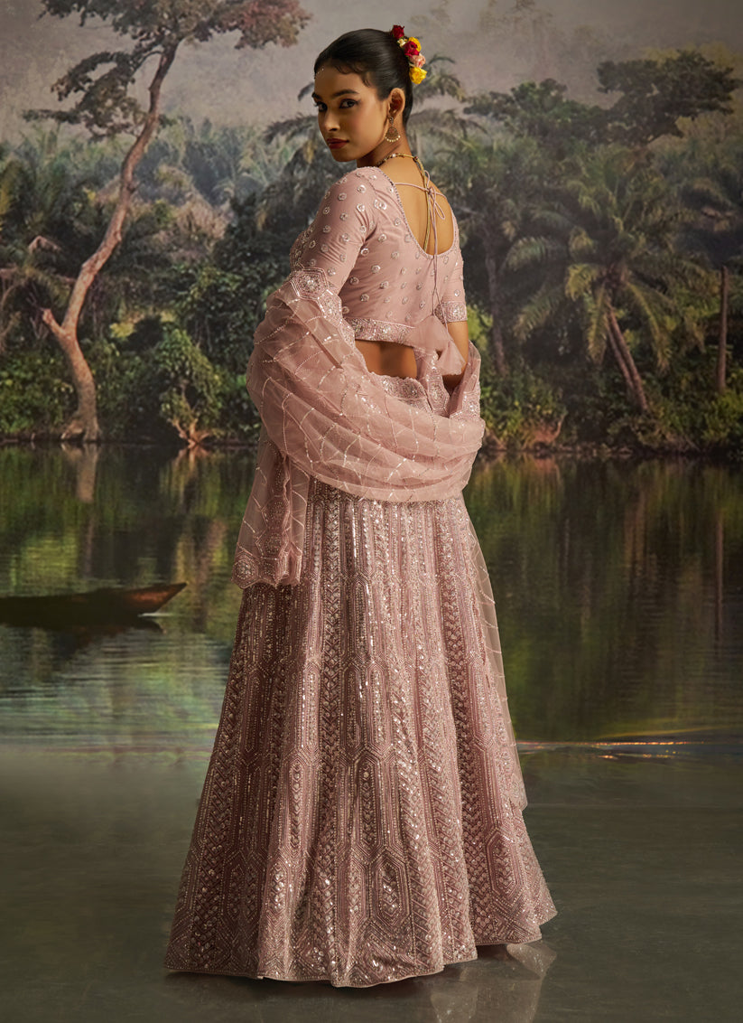 Blush Pink Soft Embroidered Net Designer Wedding Lehenga Choli Set