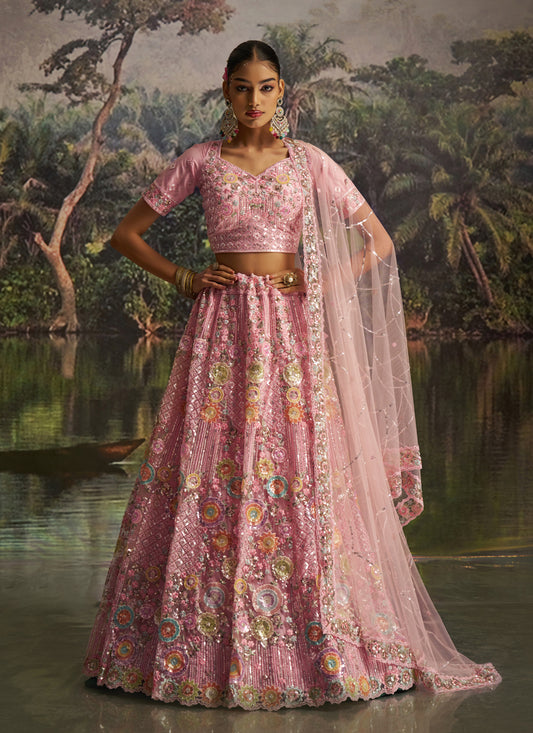 Rose Pink Soft Embroidered Net Designer Wedding Lehenga Choli Set