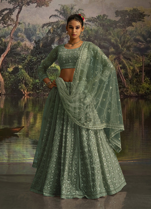 Sea Green Soft Embroidered Net Designer Wedding Lehenga Choli Set