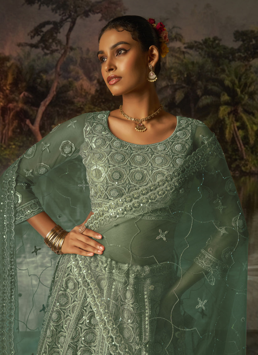 Sea Green Soft Embroidered Net Designer Wedding Lehenga Choli Set