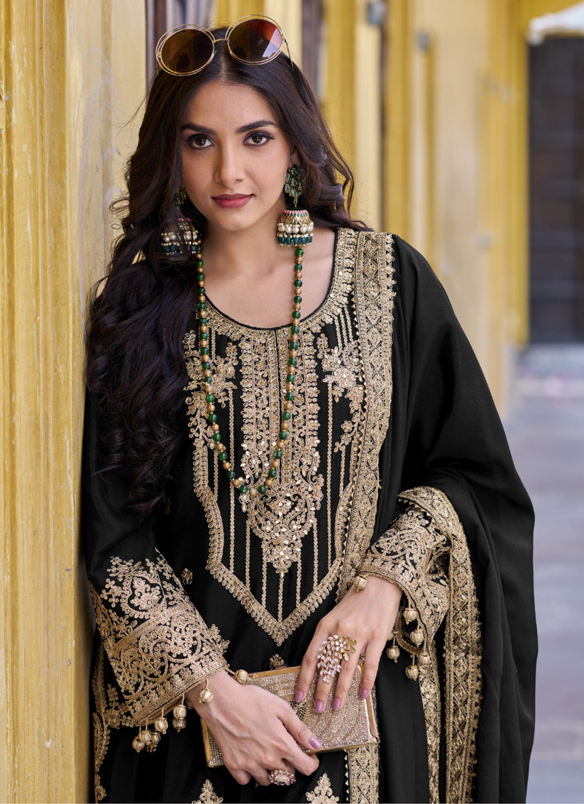 Black Chinnon Embroidered Palazzo Suit