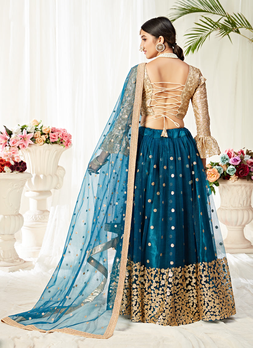 Peacock Blue Net Embroidered Designer Lehenga Choli