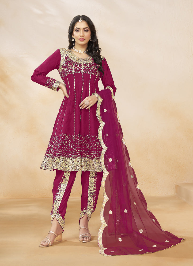 Raspberry Pink Art Silk Embroidered Dhoti Salwar Kameez