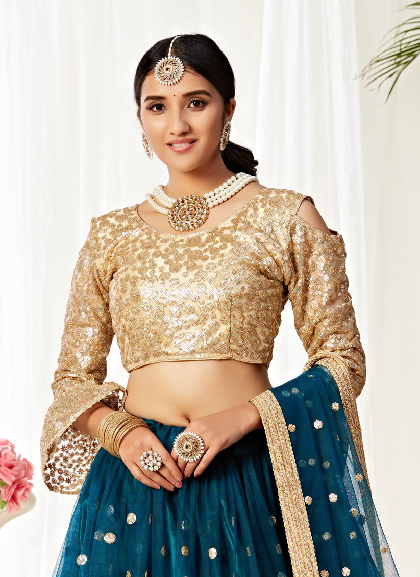 Peacock Blue Net Sequins Designer Lehenga Choli