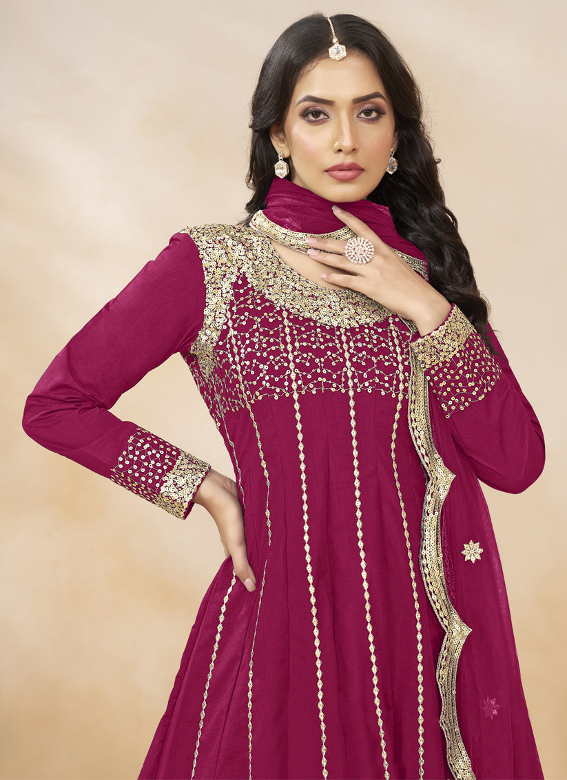 Raspberry Pink Art Silk Embroidered Dhoti Salwar Kameez