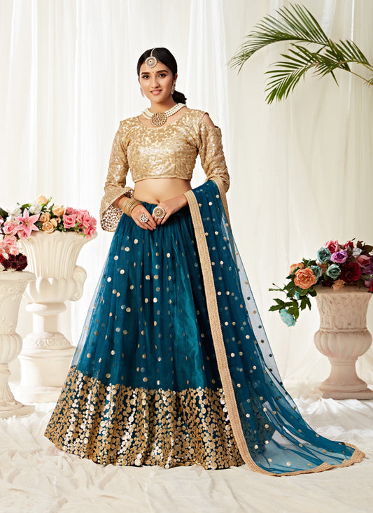 Peacock Blue Net Sequins Designer Lehenga Choli