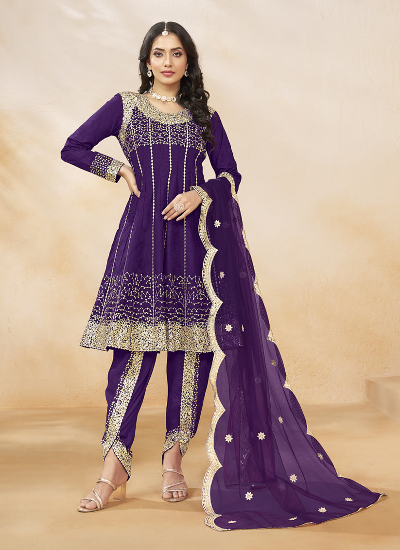 Purple Art Silk Embroidered Dhoti Salwar Kameez