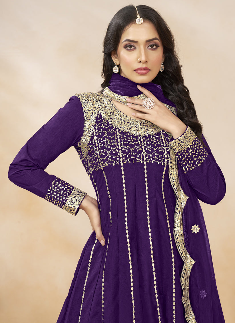 Purple Art Silk Embroidered Dhoti Salwar Kameez