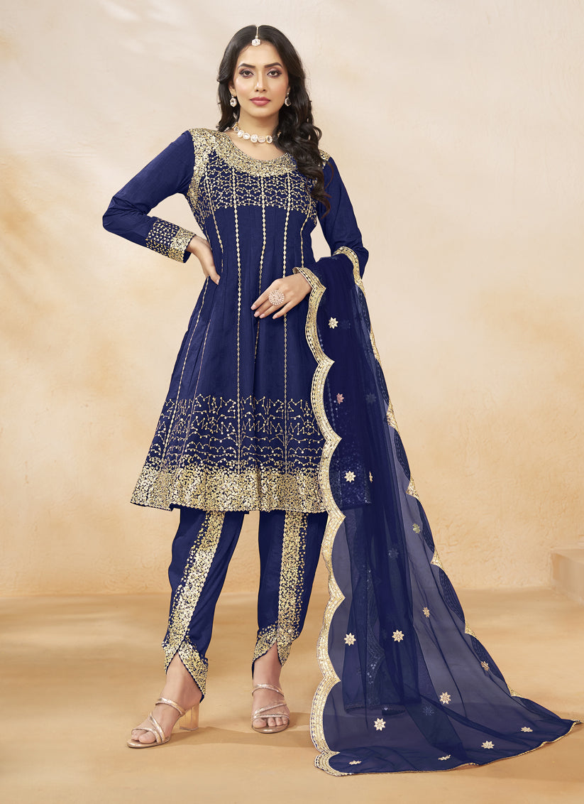 Navy Blue Art Silk Embroidered Dhoti Salwar Kameez