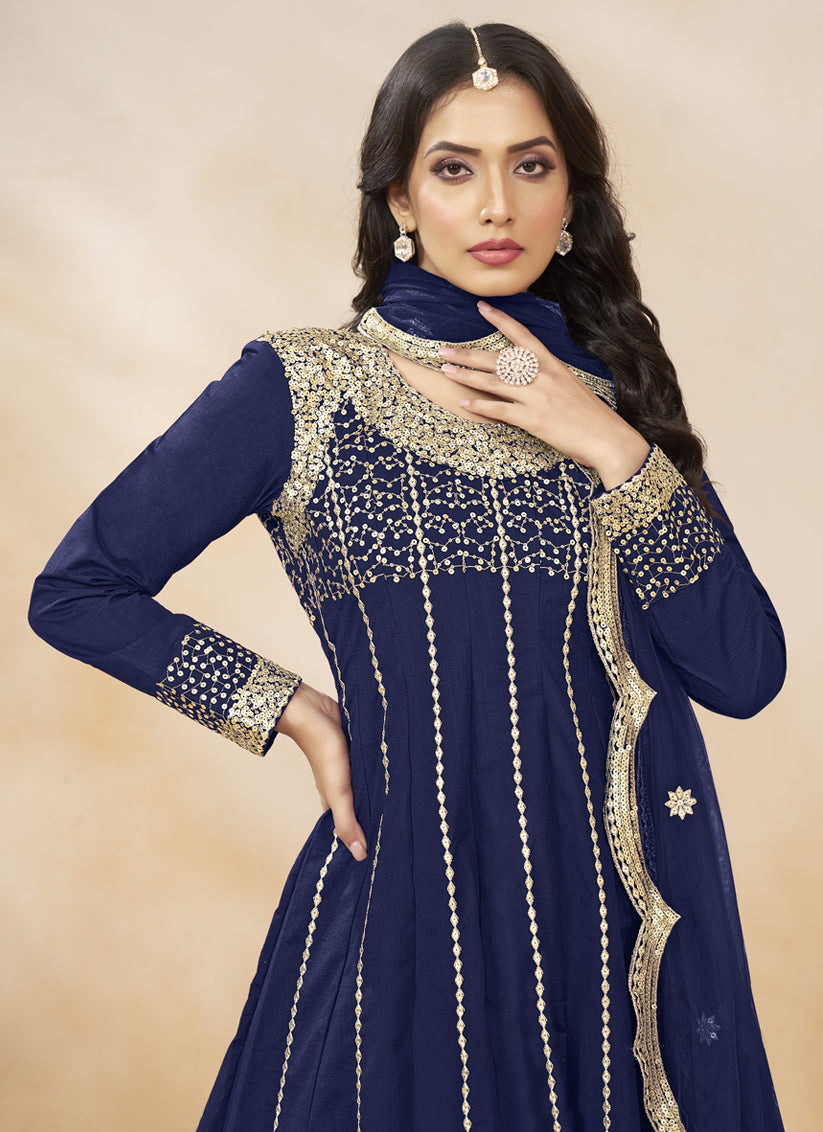 Navy Blue Art Silk Embroidered Dhoti Salwar Kameez