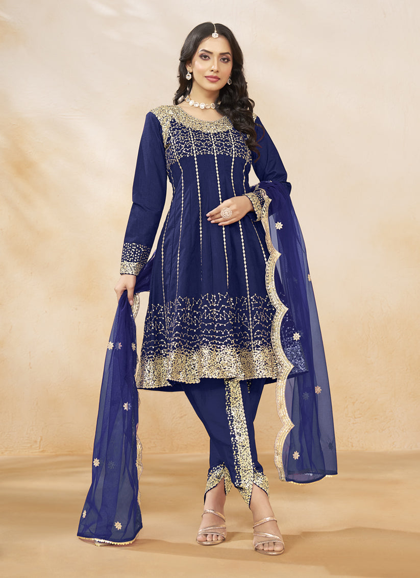 Navy Blue Art Silk Embroidered Dhoti Salwar Kameez