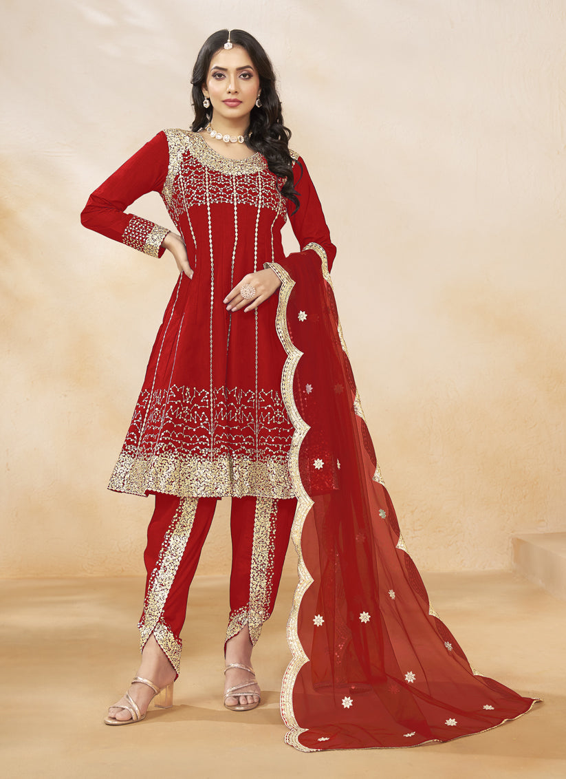 Rust Red Art Silk Embroidered Dhoti Salwar Kameez