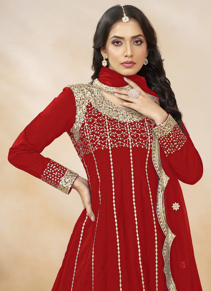 Rust Red Art Silk Embroidered Dhoti Salwar Kameez