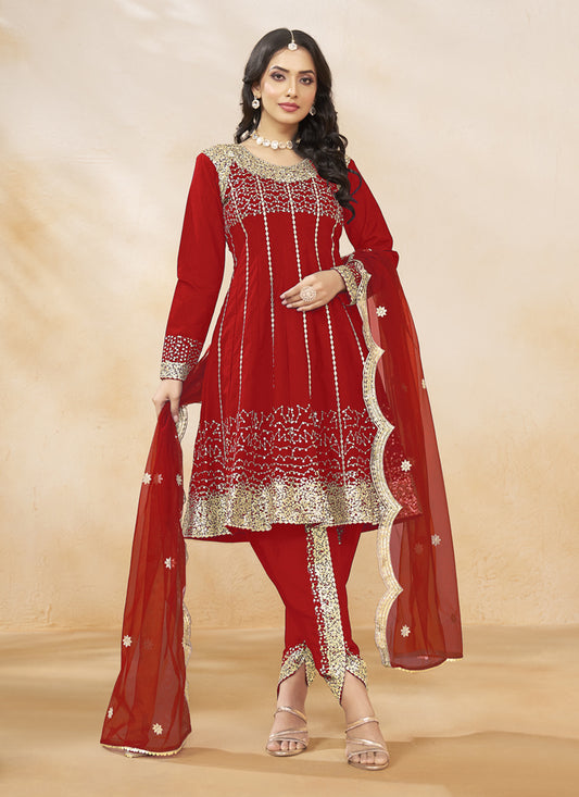 Rust Red Art Silk Embroidered Dhoti Salwar Kameez