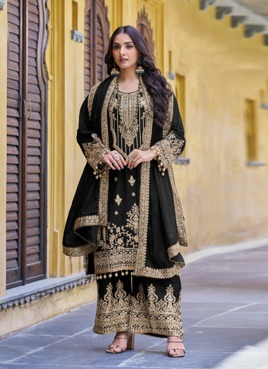 Black Chinnon Embroidered Palazzo Suit