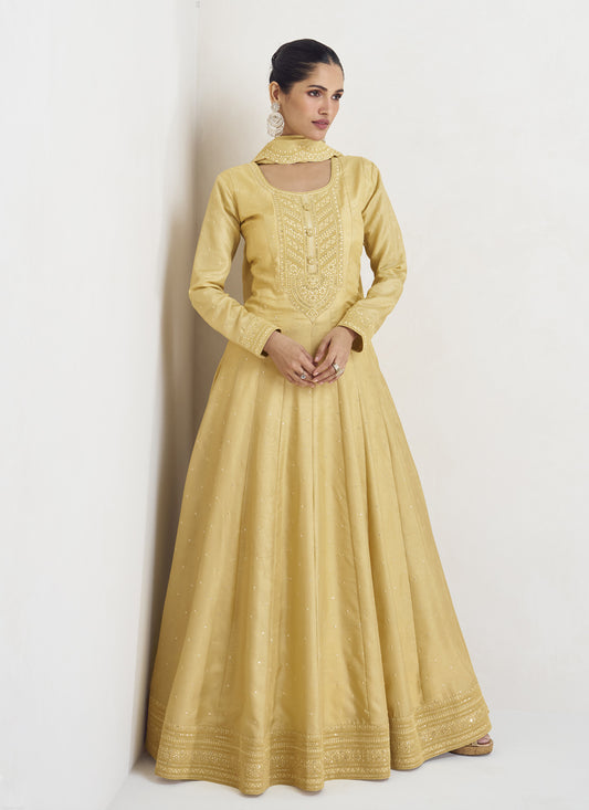 Pastel Yellow Silk Embroidered Anarkali Gown with Dupatta