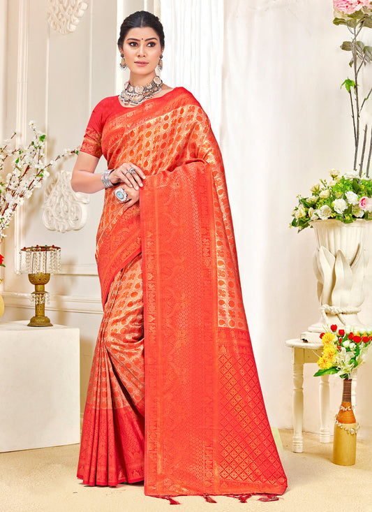 Salmon Orange Kanjivaram Silk Woven Saree