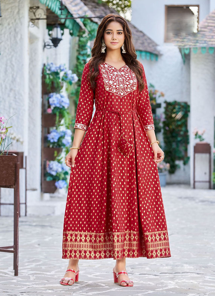 Red Rayon Printed Long Kurti