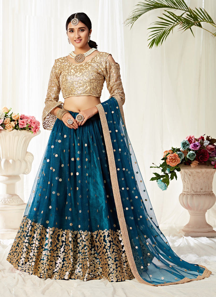 Peacock Blue Net Embroidered Designer Lehenga Choli