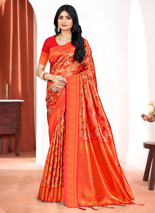 Flame Orange Kanjivaram Silk Zari Woven Saree